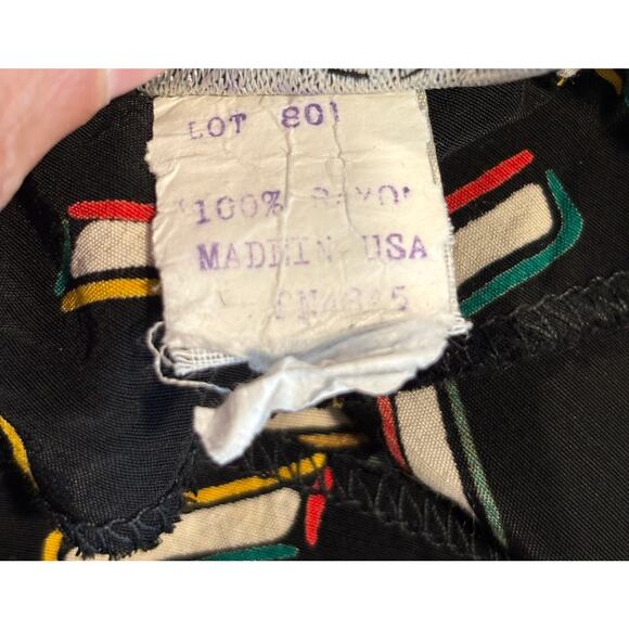 Vintage 80s Warren Z Dress Dolman Back Button Geometric Pattern Tie Up Disco Med - Picture 15 of 16